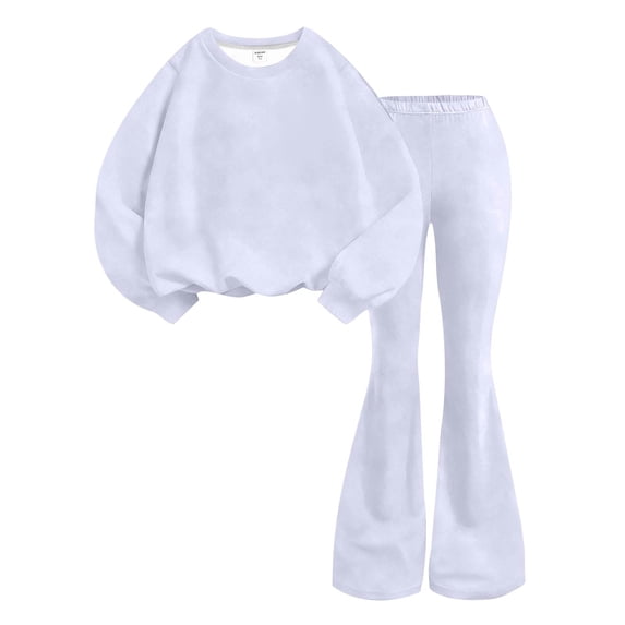 CPNG Girls' Outfits Children's Solid Color Long Sleeved Round Neck Pullover Top and Flared Pants 2 Piece Set(White,5-6 Years)