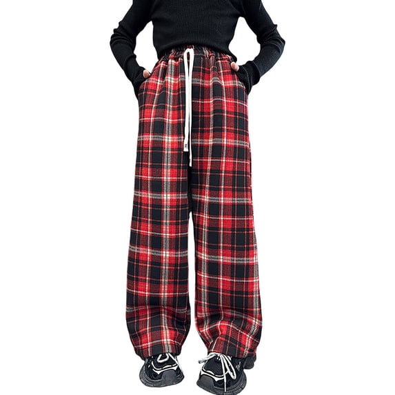 CPNG Girls Plaid Drawstring Sweatpants Fleece Lined Loose Wide Leg Sweat Pants Elastic High Waist Baggy Joggers(Red,13-14 Years)
