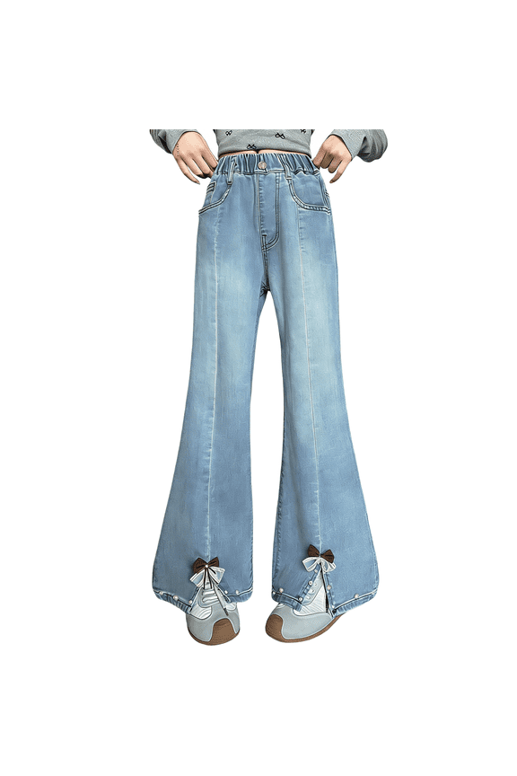 Girls Retro Denim Bell Bottom Pants Slim Fit Split Hem Jeans Flared Pants Elastic Waist Flared Trousers(Blue,6-7 Years)