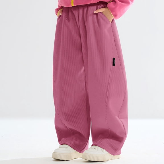 CPNG Girls Ribbed Baggy Sweatpants Teen Lightweight Wide Leg Drawstring Joggers Workout Pants with Pockets Elastic Waist Loose Fall Winter Warm Athletic Trousers