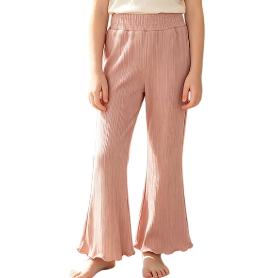 CPNG Girls Ribbed Knit Flare Pants Solid Color Elastic Waist Bell Bottoms Pants with Ruffled Trim Stretchy Casual Daily Wear Long Pants