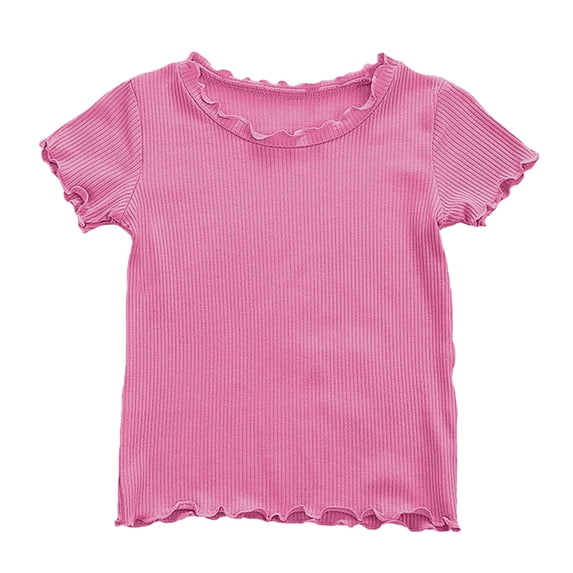 CPNG Girls Ribbed Knit Ruffled T Shirts Toddler Baby Girls Comfortable and Stylish Short Sleeved Ruffle T Shirts(Pink,12-18 Months)