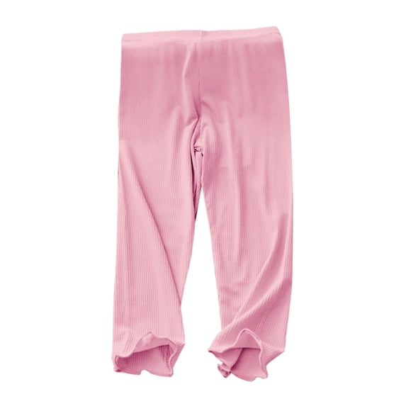 CPNG Girls Ribbed Knitted Lounge Pants Ruffle Hem Stretchy Thin Tight Pants Casual Pants Solid Color Outerwear Pants(Pink,12-18 Months)