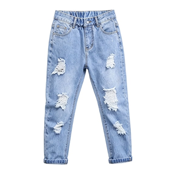 CPNG Girls Ripped Denim Pants Straight Wide Leg Elastic Waist Distressed Denim Trousers Fashionable Casual Ripped Jeans