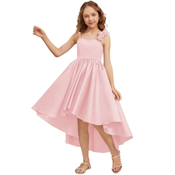 CPNG Girls' Satin Asymmetrical High-Low Dress – Sleeveless Sweetheart Neckline with 3D Rose Accents, Flowy Party Gown for Flower Girl, Wedding Guest & Birthday Celebrations