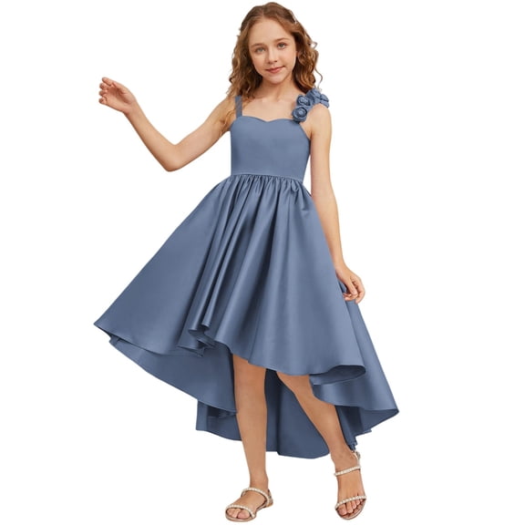 CPNG Girls' Satin Asymmetrical High-Low Dress – Sleeveless Sweetheart Neckline with 3D Rose Accents, Flowy Party Gown for Flower Girl, Wedding Guest & Birthday Celebrations