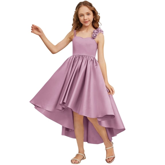 CPNG Girls' Satin Asymmetrical High-Low Dress – Sleeveless Sweetheart Neckline with 3D Rose Accents, Flowy Party Gown for Flower Girl, Wedding Guest & Birthday Celebrations
