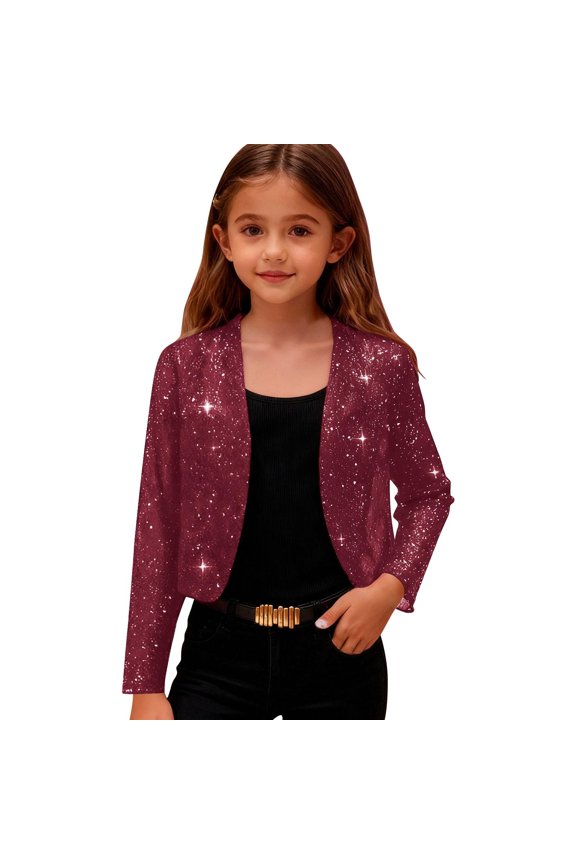 Girls Sequin Jackets Sparkle Dress Coats Button Cropped Cardigan Party Sparkly Cropped Jackets Coat(Wine,4-5 Years)