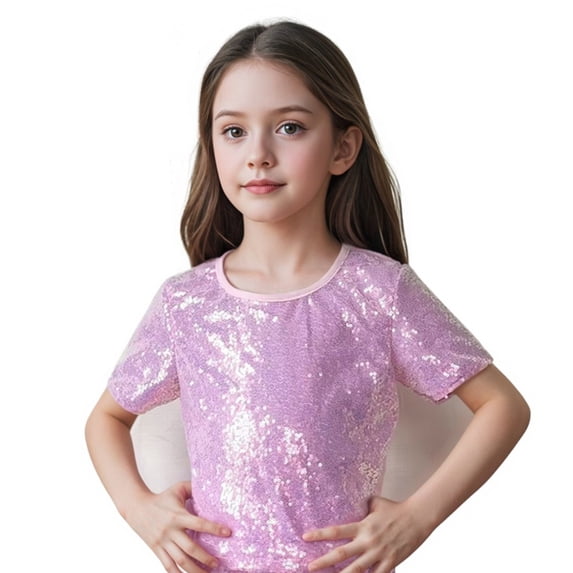 CPNG Girls Sequin Performance T Shirt Short Sleeved Summer Lightweight Comfy Soft Casual Round Neck Pullover Blouse Tops(Pink,11-14 Years)