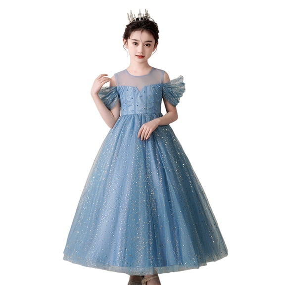 CPNG Girls' Sequin Tulle Floor-Length Dress – Illusion Neckline with Puff Sleeves, Sparkly Bodice for Flower Girl, Wedding Pageant & Formal Special Occasions