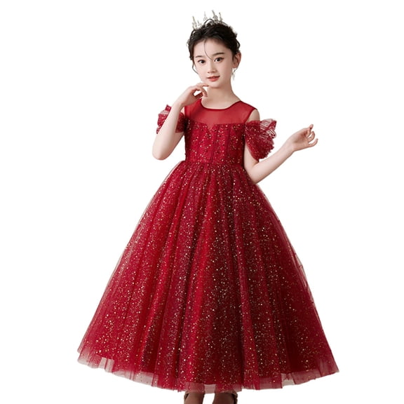 CPNG Girls' Sequin Tulle Floor-Length Dress – Illusion Neckline with Puff Sleeves, Sparkly Bodice for Flower Girl, Wedding Pageant & Formal Special Occasions