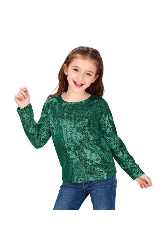 Girls' Sequined Pullover Sweatshirt Children's Sparkly Long Sleeve Pullover Autumn Fashion Clothing(Blackish Green,11-12 Years)