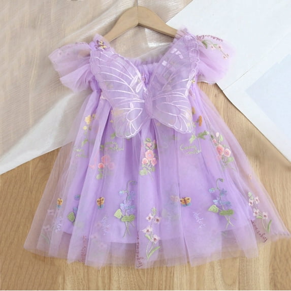 CPNG Girls' Sheer Tulle Butterfly Accent Dress – Floral Embroidery, Flutter Sleeve & Fairy-Tale Skirt for Flower Girl, Birthday Parties & Garden Events