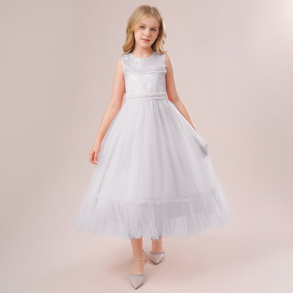 CPNG Girls' Sleeveless Lace & Tulle Flower Girl Dress – Pearl-Accented Bodice, Ruffled Ball Gown Skirt for Weddings, First Communions & Special Occasions