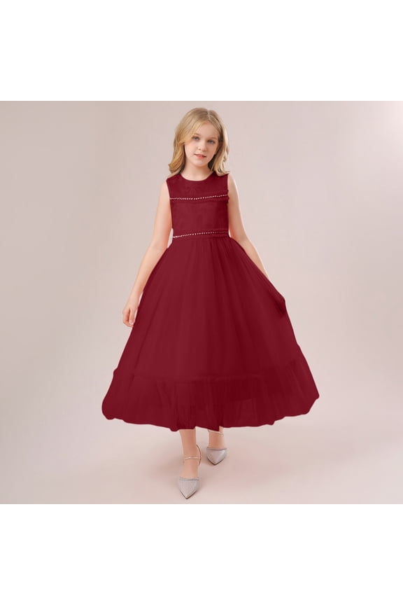 Girls' Sleeveless Lace & Tulle Flower Girl Dress – Pearl-Accented Bodice, Ruffled Ball Gown Skirt for Weddings, First Communions & Special Occasions