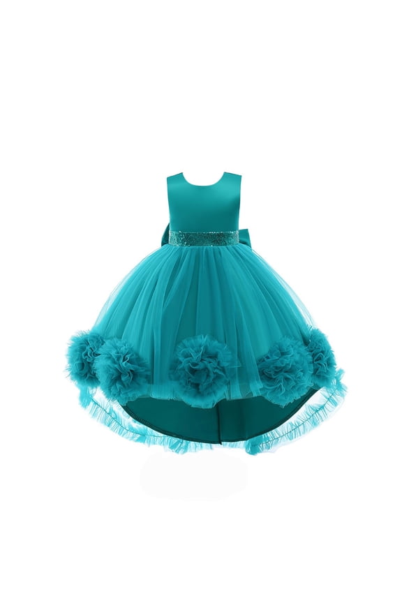 Girls' Sleeveless Satin & Tulle Flower Girl Dress – Sequin Waistband, 3D Ruffle Flower Accents & High-Low Tutu Skirt for Weddings, Birthday Parties