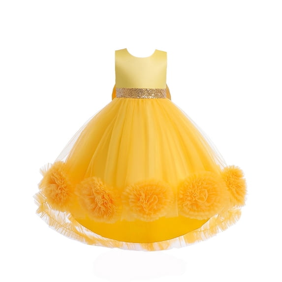 CPNG Girls' Sleeveless Satin & Tulle Flower Girl Dress – Sequin Waistband, 3D Ruffle Flower Accents & High-Low Tutu Skirt for Weddings, Birthday Parties