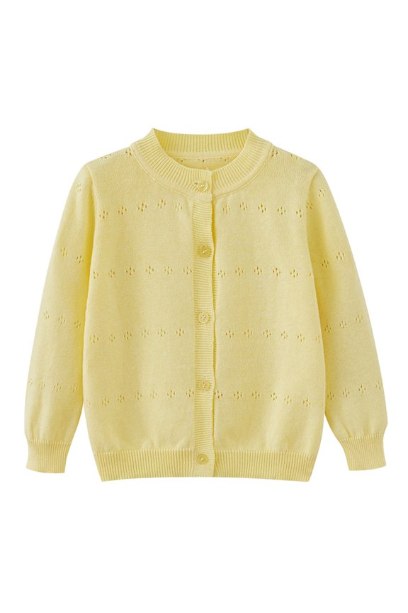 Girls Soft Cotton Knit Cardigan Coat Round Neck Button Down Long Sleeve Cardigan Sweater Solid Color Hollow Out Casual Sweater Coat