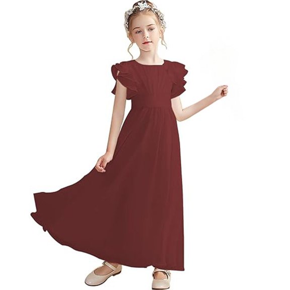 CPNG Girls' Soft Floor-Length Chiffon Dress – Ruffled Flutter Sleeves, Pleated Bodice & Cinched Waist for Flower Girl, Wedding Guest & Formal Special Occasions