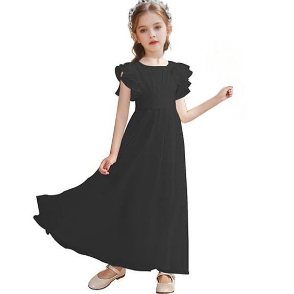 CPNG Girls' Soft Floor-Length Chiffon Dress – Ruffled Flutter Sleeves, Pleated Bodice & Cinched Waist for Flower Girl, Wedding Guest & Formal Special Occasions