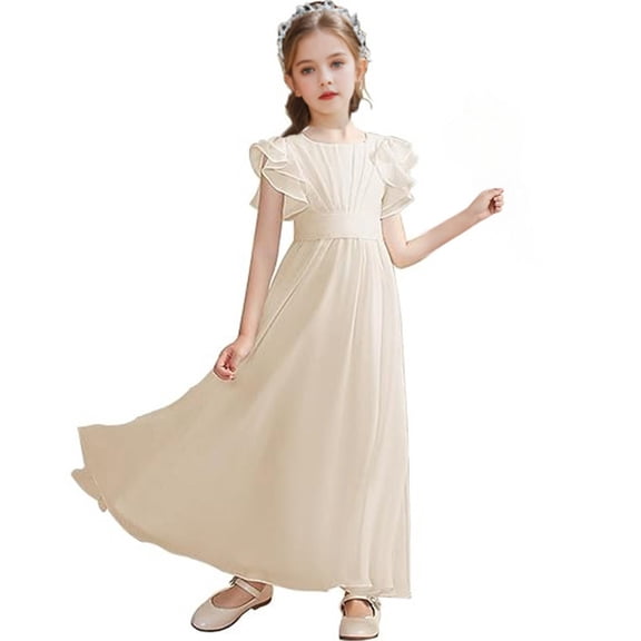 CPNG Girls' Soft Floor-Length Chiffon Dress – Ruffled Flutter Sleeves, Pleated Bodice & Cinched Waist for Flower Girl, Wedding Guest & Formal Special Occasions