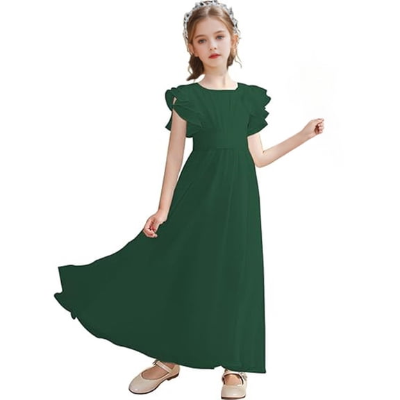 CPNG Girls' Soft Floor-Length Chiffon Dress – Ruffled Flutter Sleeves, Pleated Bodice & Cinched Waist for Flower Girl, Wedding Guest & Formal Special Occasions