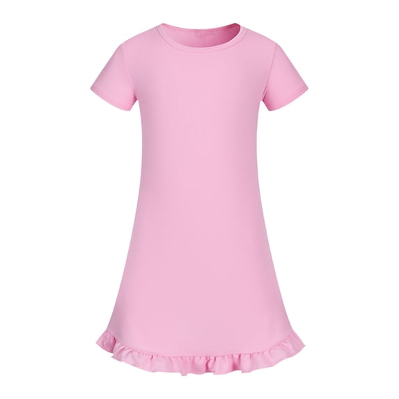 CPNG Girls Soft Knit Dress Round Neck Short Sleeve A Line Ruffled Dress Summer Casual Dress Homewear Dress Sleepwear Dress(Pink,7-8 Years)