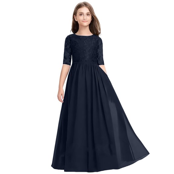 CPNG Girls' Sophisticated Half-Sleeve Lace Bodice Floor-Length Chiffon Dress – Elegant Formal Gown for Flower Girl, Wedding Guest, Holiday Parties & Special Occasions