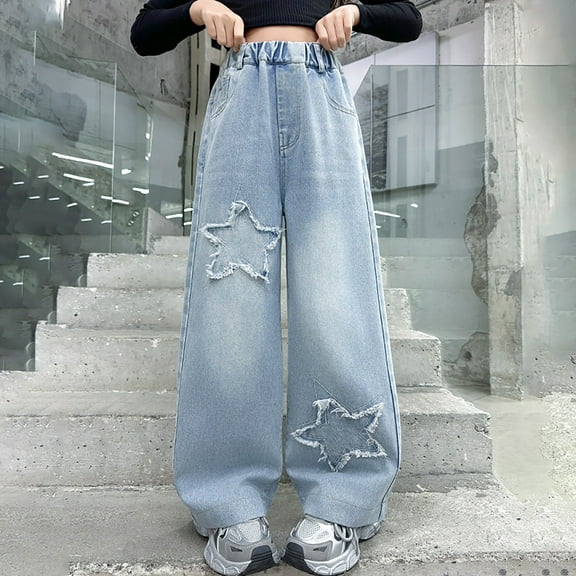 CPNG Girls Straight Leg Jeans Star Patchwork Pants High Waisted Hip Hop Streetwear Jeans Loose Baggy Embroidery Y2k Aesthetic Harajuku Casual Denim Pants