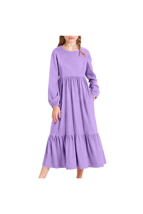 Girls Summer Casual Dress Solid Color Round Neck Long Sleeve Daily Casual Dress Holiday Beach Dresses with Pockets(Light Violet,6-7 Years)