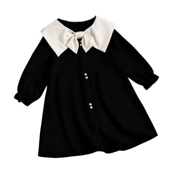 CPNG Girls Summer Dresses Ruffle Sleeve A-Lined Dress Bow Peter Pan Collar Long Sleeve Sleeveless Button Decor Dress