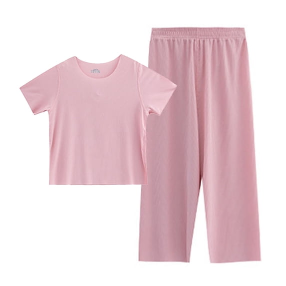 CPNG Girls Summer Ice Silk Clothes Solid Color Short Sleeve Crewneck Tops Pants Outfits Set Loose Home Wear Set(Pink,10-11 Years)