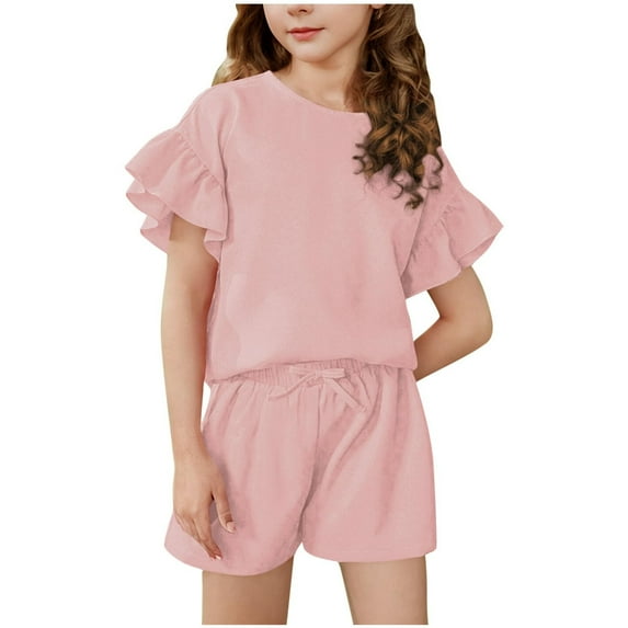 CPNG Girls Summer Loose Casual Outfits 2Pcs Set Solid Color Short Ruffled Sleeve Crewneck T-Shirt and Shorts Set(Pink,8-9 Years)