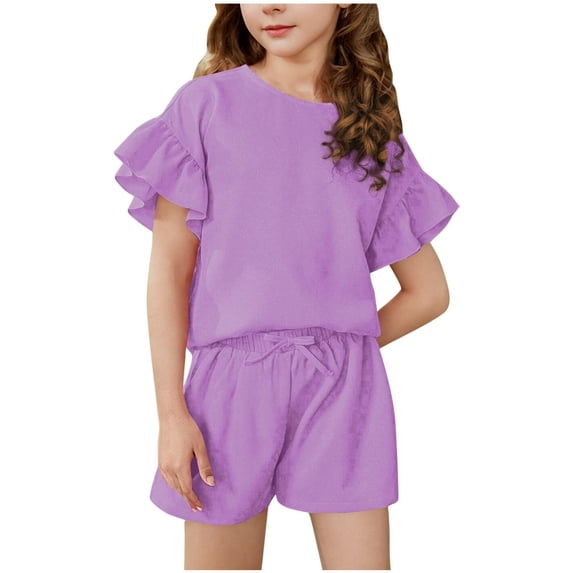 CPNG Girls Summer Loose Casual Outfits 2Pcs Set Solid Color Short Ruffled Sleeve Crewneck T-Shirt and Shorts Set(Purple,12-13 Years)