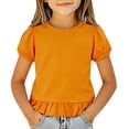 thumbnail image 1 of CPNG Girls Summer Short Sleeve T Shirt Ruffled Hem Puff Sleeve Pure Cotton Solid Color Crewneck Soft Tops T-Shirts(Orange,4-5 Years), 1 of 4