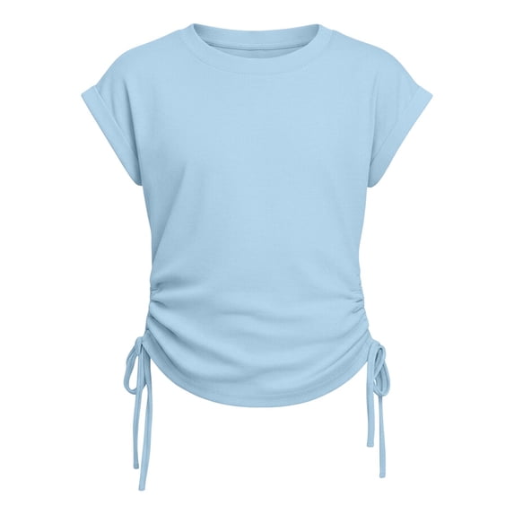 CPNG Girls Summer T Shirt Comfortable Fashionable Side Drawstring Solid Color Short Sleeve Crewneck Casual T Shirt(Light Blue,8-9 Years)