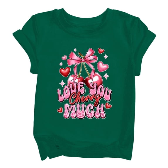 CPNG Girls Summer T-shirt Bow Cherry Heart Print Loose Casual Stylish Crewneck Short Sleeve Cool Sports Top(Blackish Green,8-9 Years)