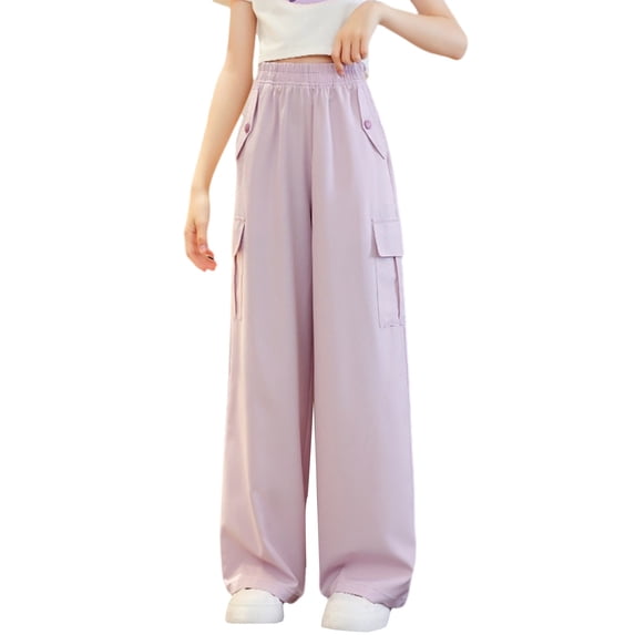 CPNG Girls' Summer Thin Cargo Pants Elastic Waist Wide Leg Baggy Casual Cargo Sweatpants Multi-Pocket Jogger(Pink,9-10 Years)