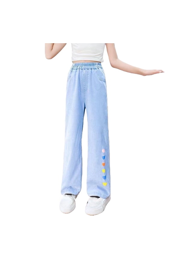 Girls Summer Thin Ice Silk Denim Pants Teen Girls Heart Print Elastic High Waist Baggy Straight Wide Leg Casual Jeans