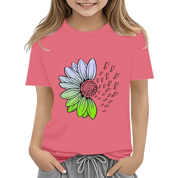 CPNG Girls Sunflower Shirts Cute Summer Round Neck T-Shirt Floral Graphic Short Sleeve Tees Tops Casual Clothes(Pink,2-3 Years)