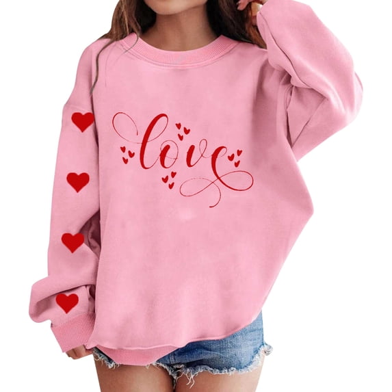CPNG Girls Sweatshirts Crewneck Long Sleeve Pullover Sweatshirt with Cute Love Heart Graphic Loose Fit Casual Daily Wear Pullovers