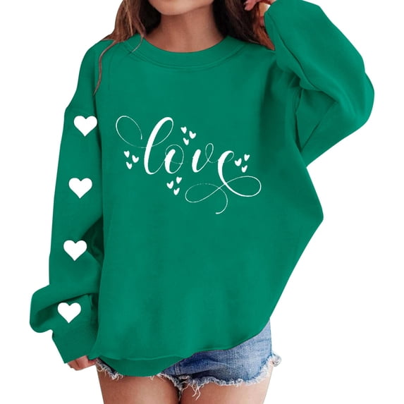 CPNG Girls Sweatshirts Crewneck Long Sleeve Pullover Sweatshirt with Cute Love Heart Graphic Loose Fit Casual Daily Wear Pullovers