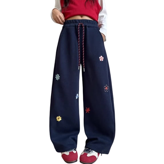 CPNG Girls Sweet Drawstring Sweatpants Flower Embroidered Loose Straight Wide Leg Sweat Pants Elastic High Waist Baggy Joggers
