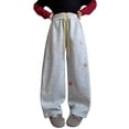 thumbnail image 1 of CPNG Girls Sweet Drawstring Sweatpants Flower Embroidered Loose Straight Wide Leg Sweat Pants Elastic High Waist Baggy Joggers, 1 of 8