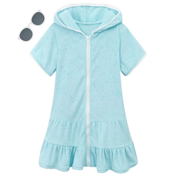 CPNG Girls Swim Cover Up Kids Short Sleeve Swimsuit Coverup Terry Zip-Up Beach Bathing Suit Wraps with Sunglasses(Sky Blue,9-10 Years)