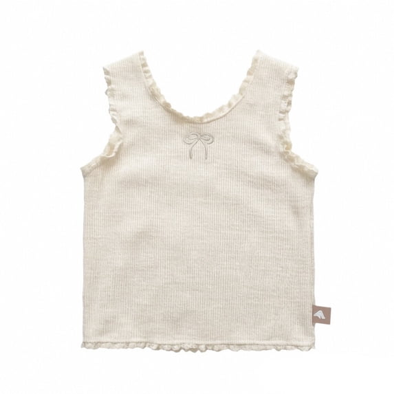 CPNG Girls Tank Tops Ribbed Sleeveless Crew Neck Solid Color Undershirts Camisole Bow Embroidery Lace Trim Cute Summer Cami