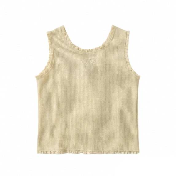 CPNG Girls Tank Tops Ribbed Sleeveless Crew Neck Solid Color Undershirts Camisole Bow Embroidery Lace Trim Cute Summer Cami