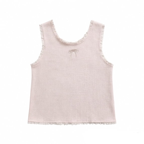 CPNG Girls Tank Tops Ribbed Sleeveless Crew Neck Solid Color Undershirts Camisole Bow Embroidery Lace Trim Cute Summer Cami