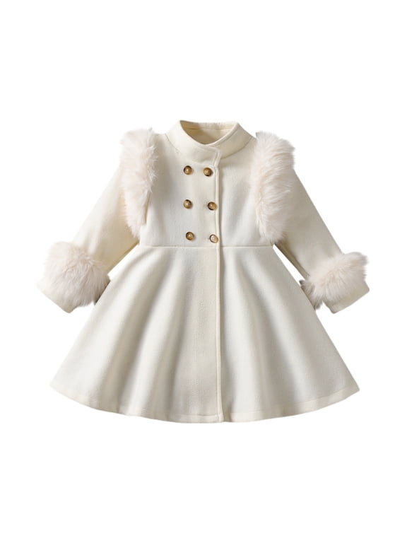 Girls Trench Coat Stand Collar Double Breasted A-Line Flared Long Sleeve Winter Warm Dressy Mid-Length Outerwear Jacket