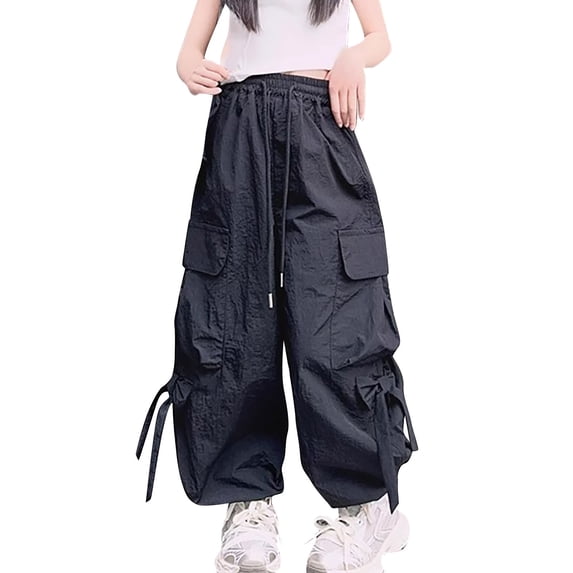 CPNG Girls Trendy Bow Cargo Pants Solid Color Jogger Straight Wide Leg Elastic High Waist Loose Drawstring Cargo Sweatpants with Multi-Pockets